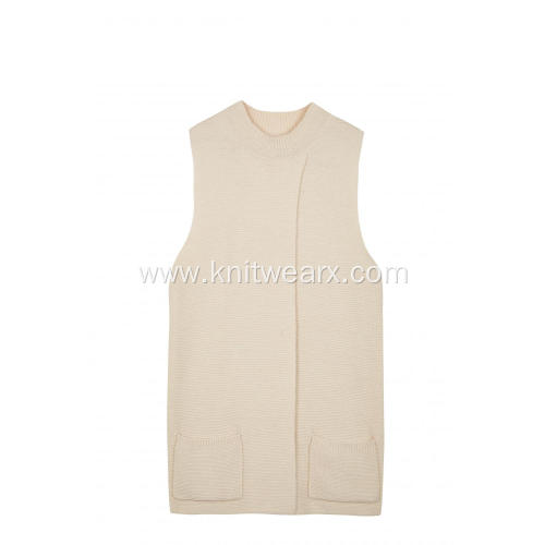 Women's Knitted Wrap Front Mock-Neck Pocket Vest Pullover